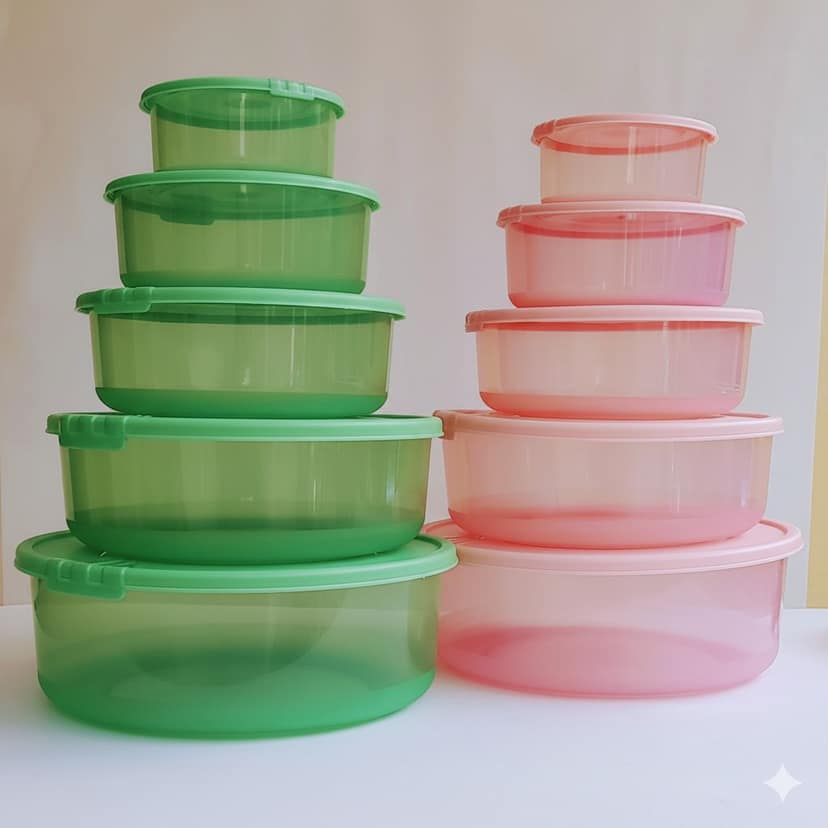 Polypropylene Fridge & Kitchen Container Set - 3000 ml, 1850 ml, 1100 ml, 650 ml, 300 ml (Pack of total 10, Pink -5, Green-5)