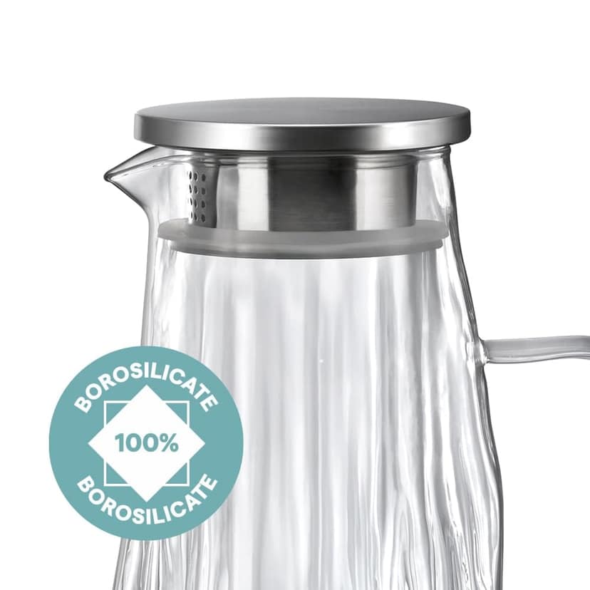 Borosil 1.8L Auk Borosilicate Glass Jug with Stainless Steel Lid, Textured Glass Pitcher for Water, Juice & Iced Tea, Fridge Safe Water Jug with Handle view 2