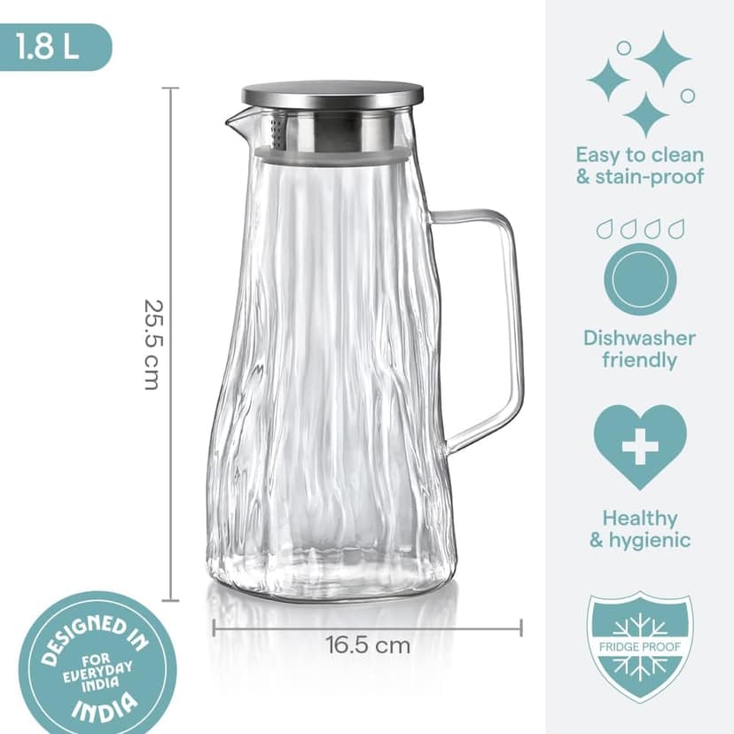 Borosil 1.8L Auk Borosilicate Glass Jug with Stainless Steel Lid, Textured Glass Pitcher for Water, Juice & Iced Tea, Fridge Safe Water Jug with Handle view 3