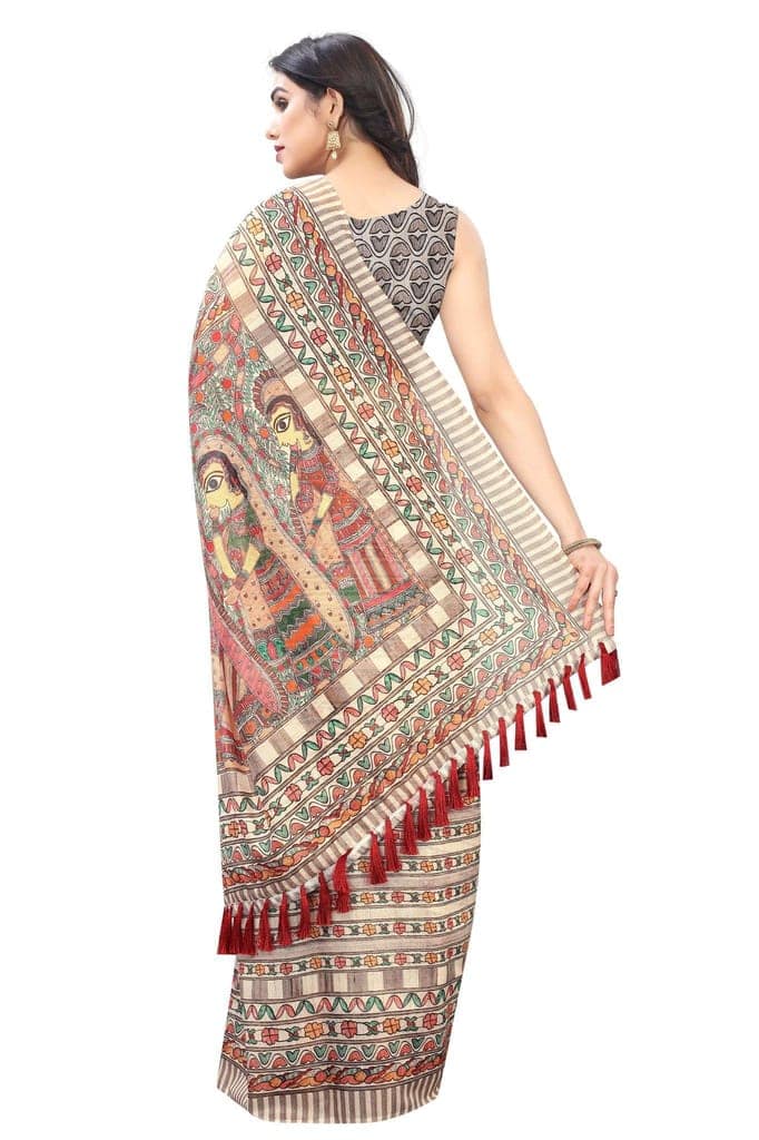 Silk Zone Women's Cotton Digital Printed Tassel Saree with Blouse Piece Green view 3