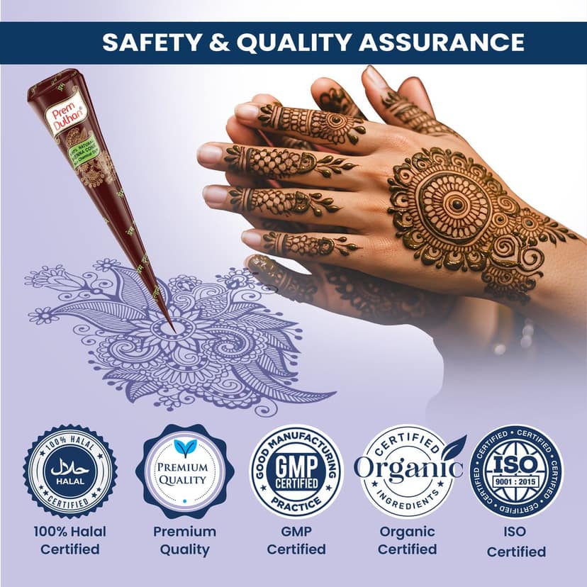 Prem Dulhan Natural Henna Mehandi Cones 12 Pcs Box Mehendi Cones, for Bridal and Festivals, Easy Application, Floral Paisley Blue Box view 3