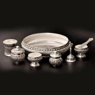 Silver Pooja Thali Set with Lakshmi Murti, Diya & Vati
