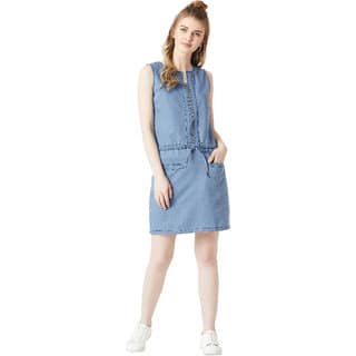 Miss Chase Women's Light Blue Polo Neck Sleeveless Denim Solid Midi Shift Dress view 2