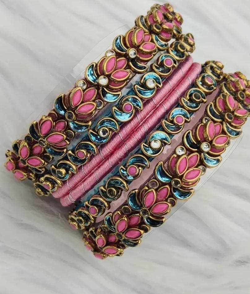 Pink and Blue Bangle Set with Rhinestones view 2