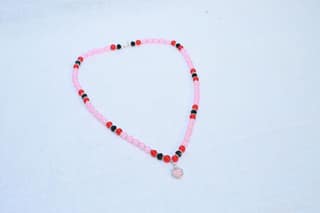 Pink and Black Beaded Necklace with Silver Pendant