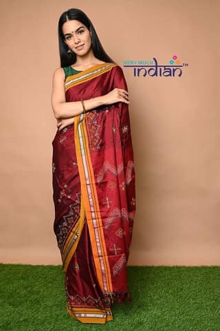 Traditional Khun - Cotton Resham Authentic Handwoven Saree (Deep Red Weave with Kashida work)