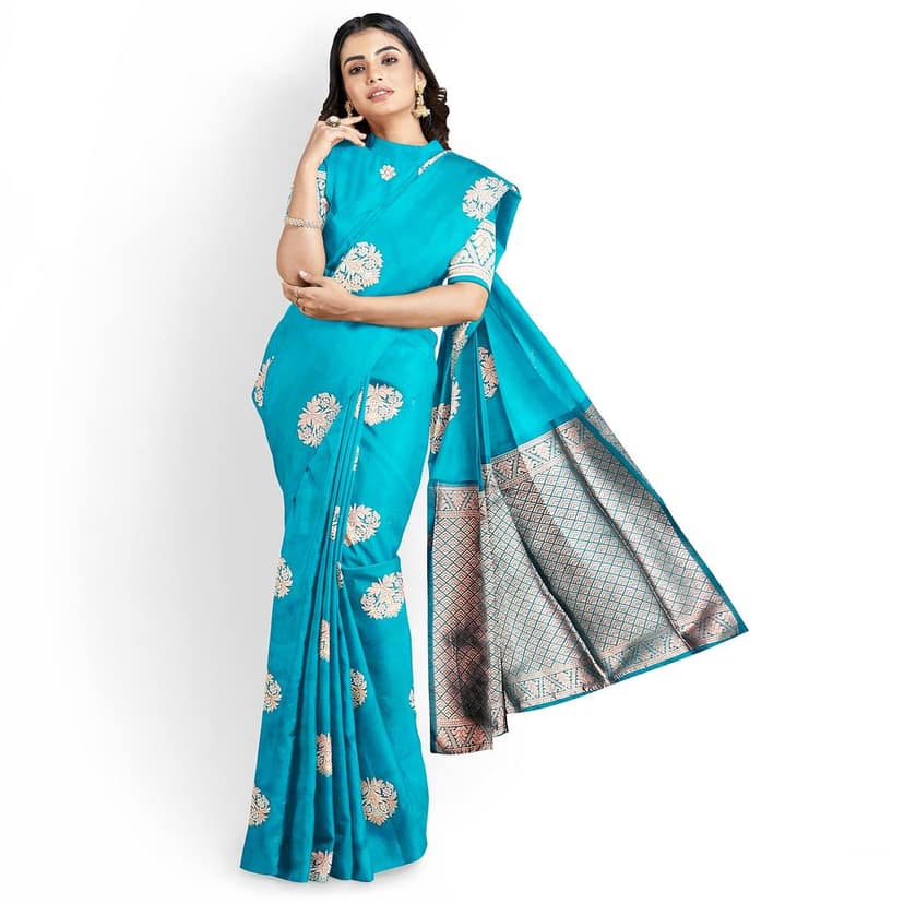 Sky Blue Color Big Floral Copper Butta Saree with Unstitched Blouse view 2