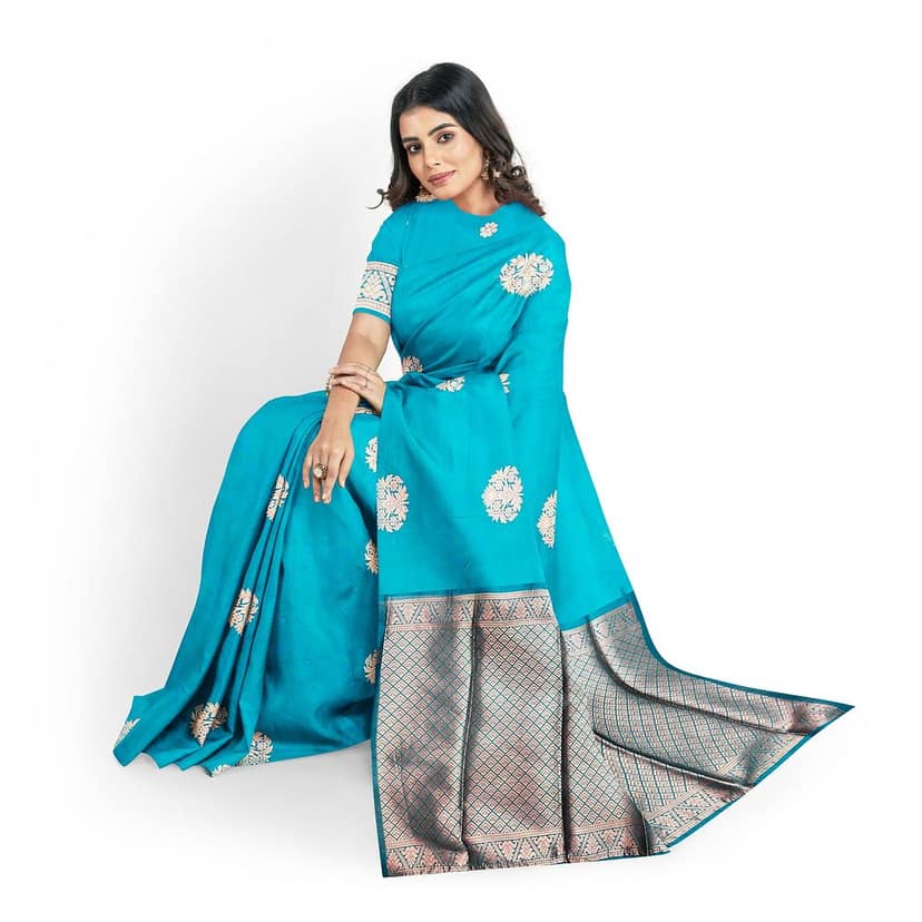Sky Blue Color Big Floral Copper Butta Saree with Unstitched Blouse view 3