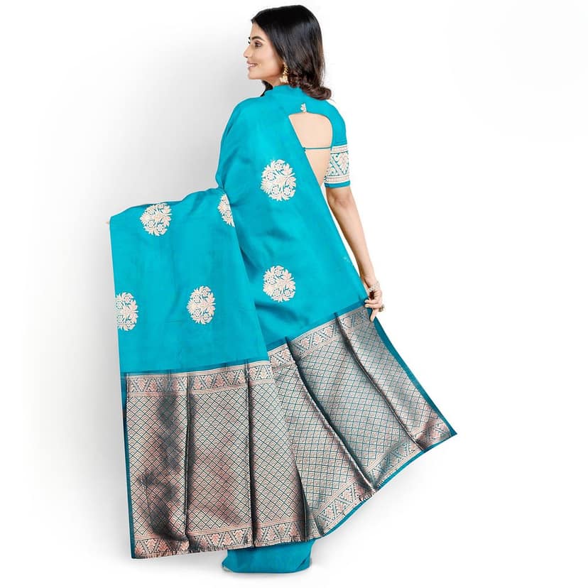 Sky Blue Color Big Floral Copper Butta Saree with Unstitched Blouse view 4