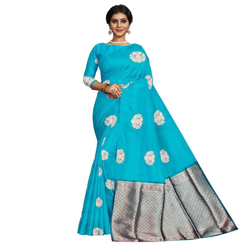 Sky Blue Color Big Floral Copper Butta Saree with Unstitched Blouse view 5