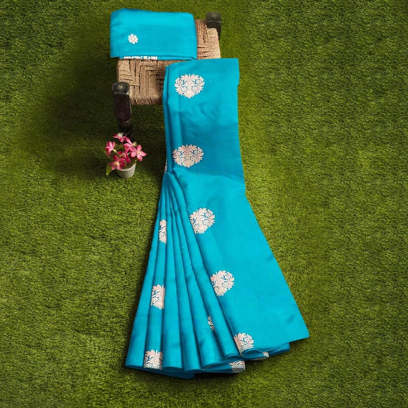 Sky Blue Color Big Floral Copper Butta Saree with Unstitched Blouse view 7