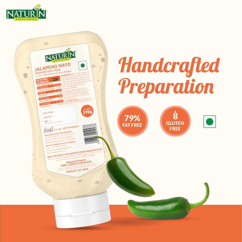 Naturin Jalapeno Mayo Sauce - Ready to Eat Tangy Gluten Free Mayonnaise - 100% Vegetarian - Made with Traditional Indian Spices for Dip & Spread - 290gm view 7