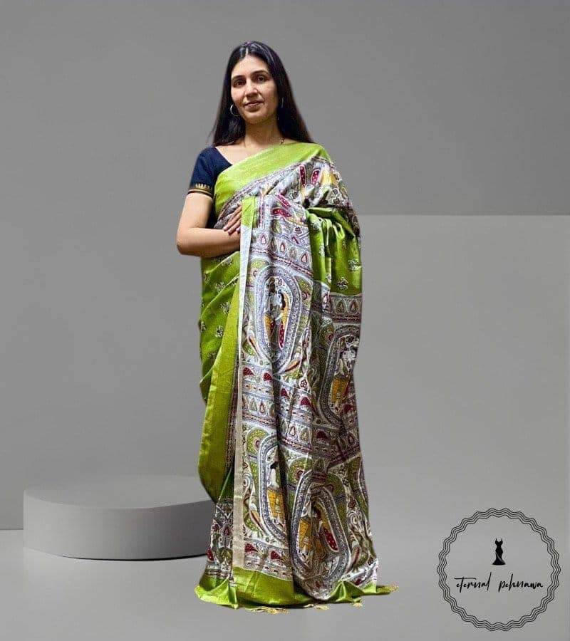 Beautiful Madhubani Digital Print Katan Silk Saree view 3