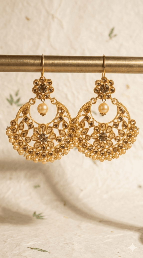 Traditional Gold-Plated Ethnic Chandbali Earrings with Champagne Stones and Pearl Drops for Women