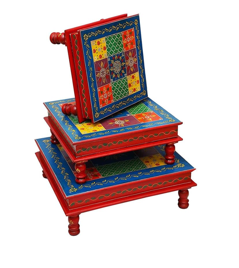Creative Handicrafts Wood Painted Bajot-Chowki for Pooja/Sitting Chowki for All Purpose/Pooja Decor/Chowki/Patla/Chowki for Daily Prayer Home Décor(18x18x6, 15x15x6, 12x12x6) view 2