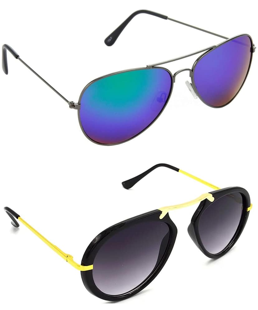 HRINKAR Unisex Pilot Sunglasses Grey & Golden Frame, Blue & Grey Lens (Medium) - Pack of 2
