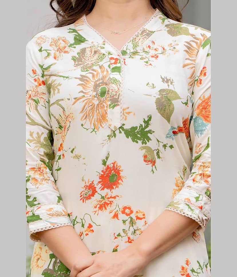 MAUKA Women Rayon Printed Straight Kurti With Pants ( Cream ) view 2