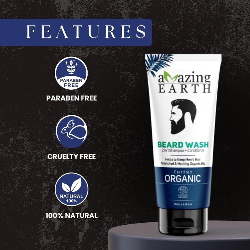 AMAzing EARTH 2 in 1 Beard Wash for Men - Shampoo + Conditioner for Hard Curly Beard with Bhringraj, Henna, Acacia & Argan Oil Certified Organic, Sulphate & Paraben Free, 100% Natural & Vegan - 100ml view 5