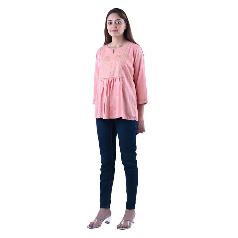 Women's Cotton Fabric Designer Block Printed with Zari Work A-line Top Color- Light Pink view 4