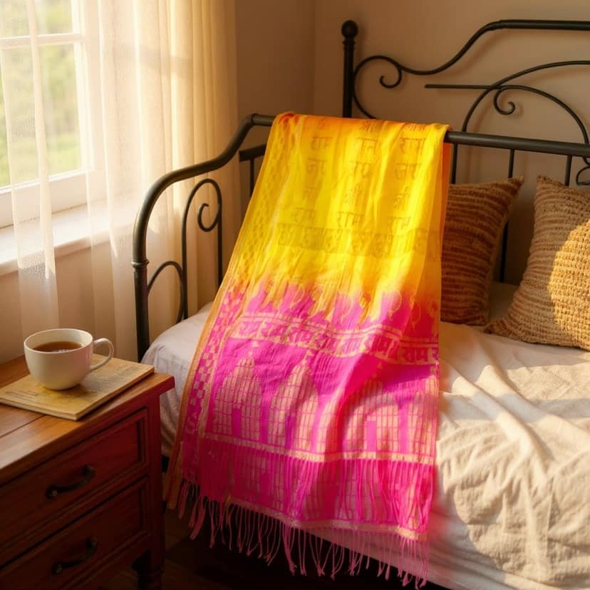 Elegant Dual-Tone Ombre NylonJai Shree Ram Stole with Traditional Zari Work view 3