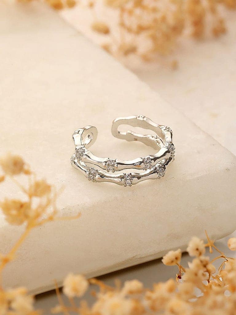 SARAF TRENDZ Anti-tarnish Silver-Plated CZ Stones-Studded Minimal Band Finger Ring view 2
