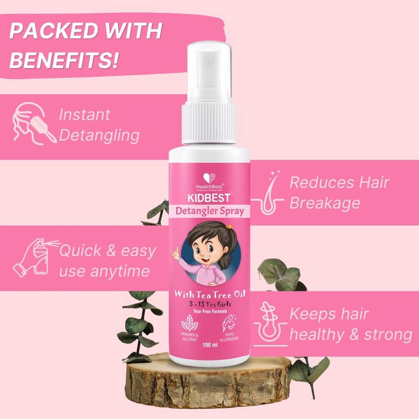 HealthBest Detangler Spray for Kids with Tea Tree Oil | Soft & Shiny Hair | Anti-Frizz, Easy Comb Through, Tangle-Free Hair, Suitable for Curly, Wavy and Straight Hair, Tear, Paraben, SLS Free – 100ml view 2