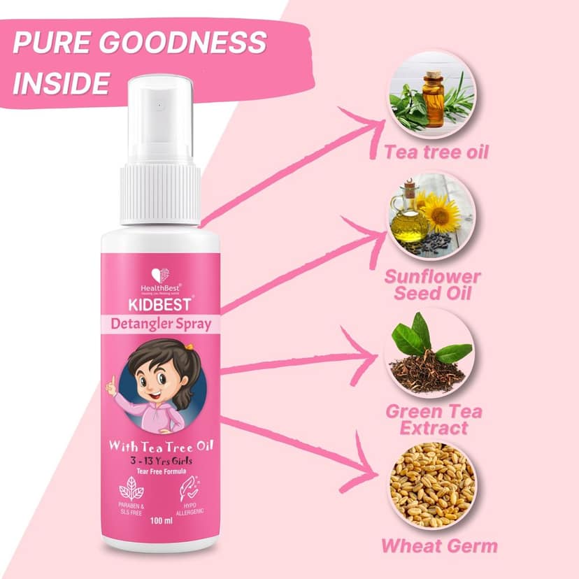 HealthBest Detangler Spray for Kids with Tea Tree Oil | Soft & Shiny Hair | Anti-Frizz, Easy Comb Through, Tangle-Free Hair, Suitable for Curly, Wavy and Straight Hair, Tear, Paraben, SLS Free – 100ml view 4