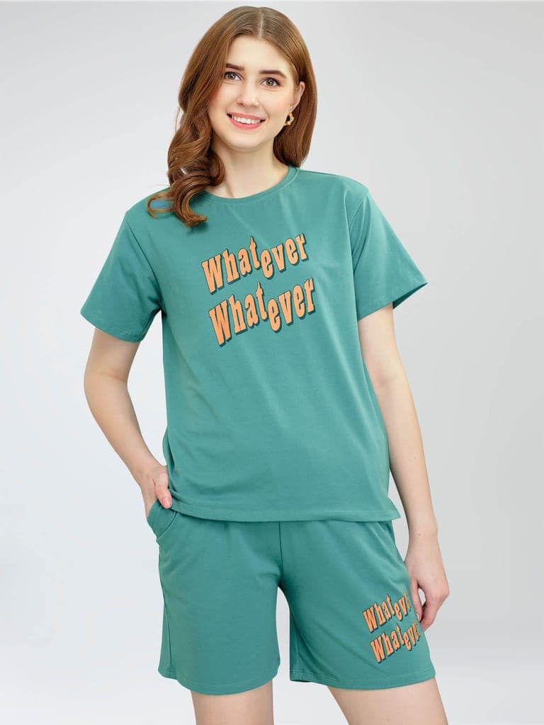 ZEYO Women's Cotton Green Typography Printed Night Suit Set of Top & Shorts view 4