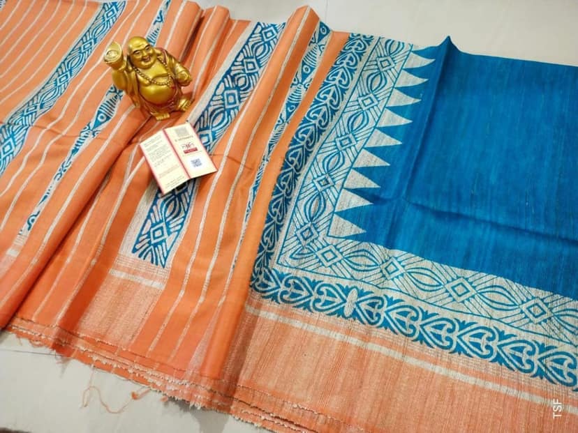 Silkmark Certified Tussar Silk Handloom Handblock Printed Blue and Orange Saree with Blouse-2472