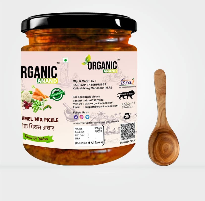 Organic Anand Natural Panchmel Pickle (Mixed Veg Aachar / No Garlic / Jain Achar) Beetroot, Mooli, Matar Gajar, Gobhi, Shalgam ka Achar, Homemade Aachar with Neemwood Spoon (500gm-Pack of 1) view 3