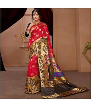 Aarrah Cotton Silk Saree With Unstitched Blouse Piece ( Red )