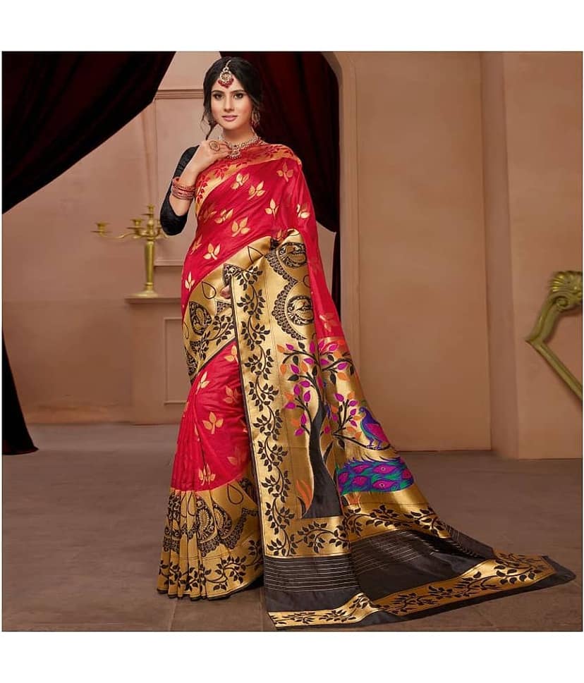 Aarrah Cotton Silk Saree With Unstitched Blouse Piece ( Red )