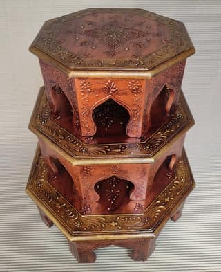 Home Design Wood Painted Bajot-Chowki for Pooja/Sitting Chowki for All Purpose/Pooja Decor/Chowki/Patla/Chowki for Daily Prayer Home Décor(Octangle Copper -Set of 3)