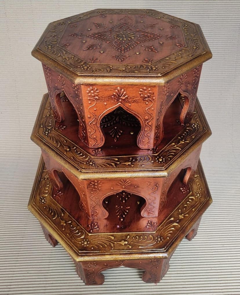 Home Design Wood Painted Bajot-Chowki for Pooja/Sitting Chowki for All Purpose/Pooja Decor/Chowki/Patla/Chowki for Daily Prayer Home Décor(Octangle Copper -Set of 3)