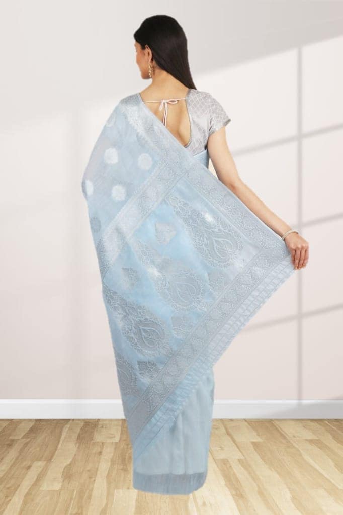 Sky Blue Linen Saree With Foil Print view 2