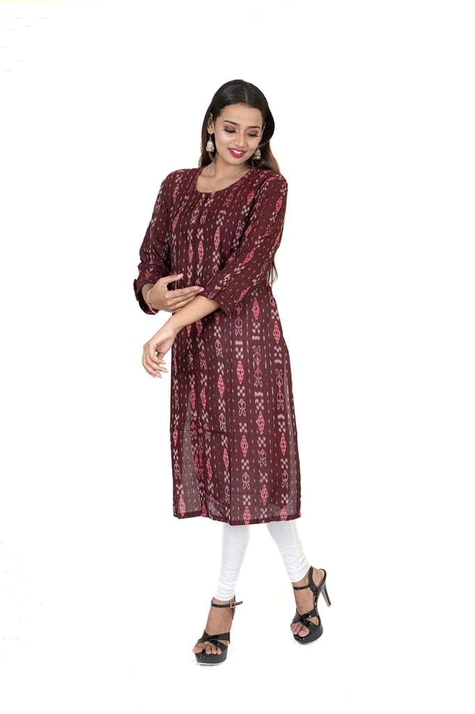 GHL GUENDICHA HAAT Sambalpuri Certified Handloom Women's Pure Cotton Round Neck Front Slit Kurta view 3