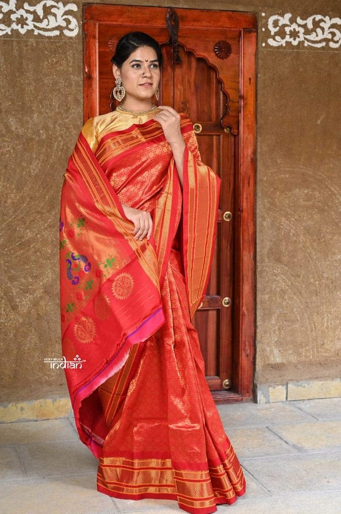 Rajsi~ Pure Silk Handloom - Maharani Jacquard Brocade Paithani in Rich Red view 2