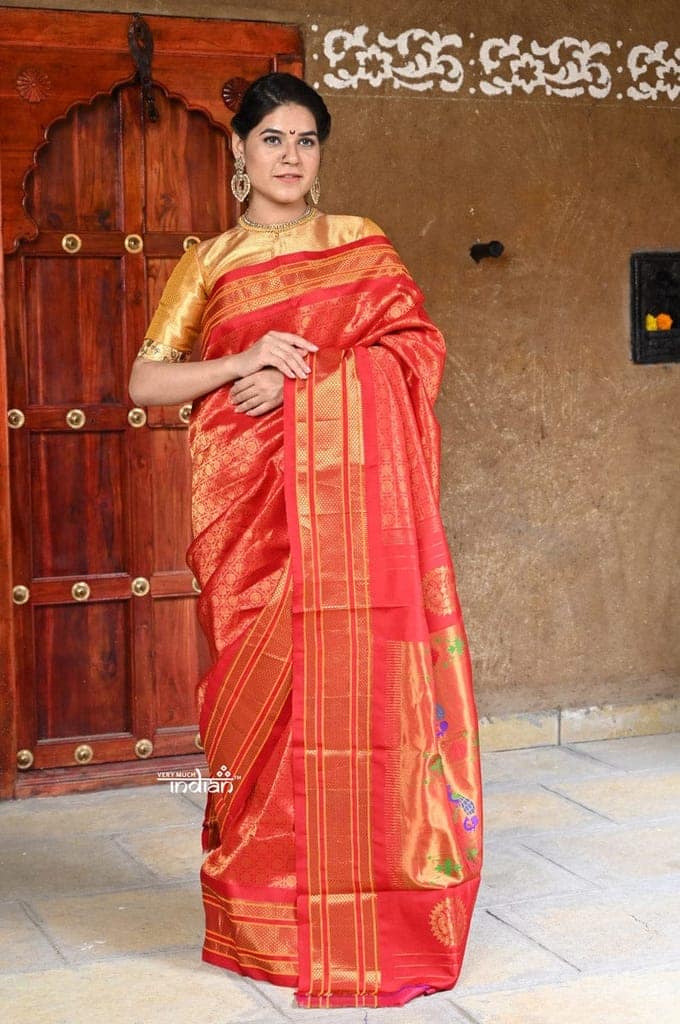 Rajsi~ Pure Silk Handloom - Maharani Jacquard Brocade Paithani in Rich Red view 4
