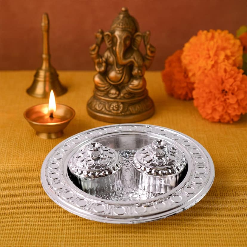 Kumkum Thali Holder – Small Round Puja Plate | Styleva view 3