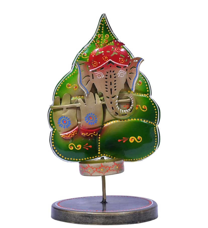 Ganesh With Leaf Tealight Candle Holder (Green) view 2