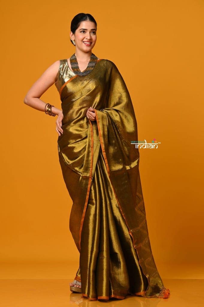 Param Sundari ~ Exclusive Handloom Pure Tissue Cotton Saree in Sapphire Gold view 2