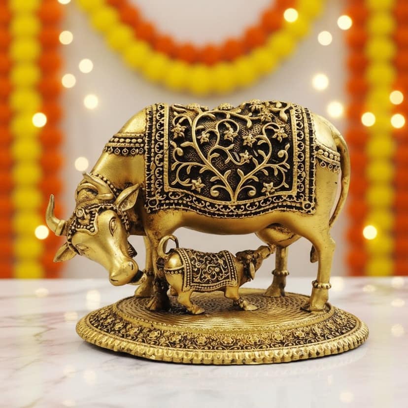 Brass Cow Idol Statue | Sacred Gau Mata Religious Showpiece, Height : 3.5 Inch (BSMAS1727 C)