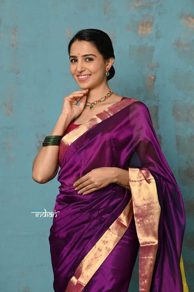 Prerna ~ Handloom Pure Chanderi Cotton Silk Saree With Golden Border - Soft Plum view 3
