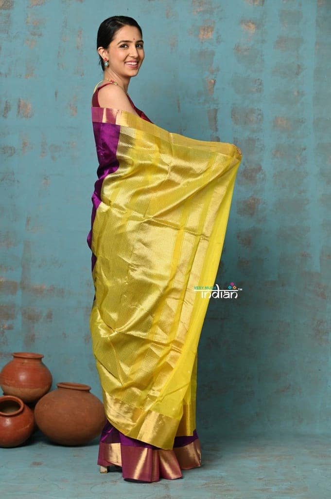 Prerna ~ Handloom Pure Chanderi Cotton Silk Saree With Golden Border - Soft Plum view 4