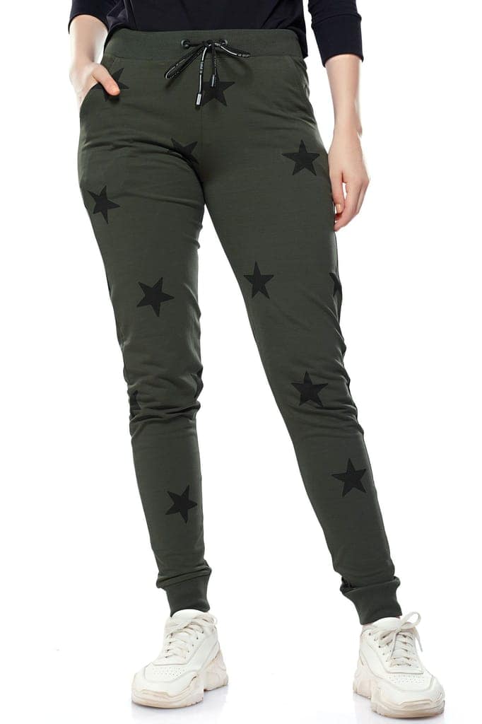 ZEYO Women's Joggers Star Printed Olive Regular Fit Track Pant view 2