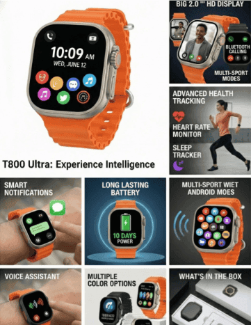 T800 Ultra Smartwatch with Orange Silicone Strap (Bluetooth Calling & Fitness Tracker) view 3
