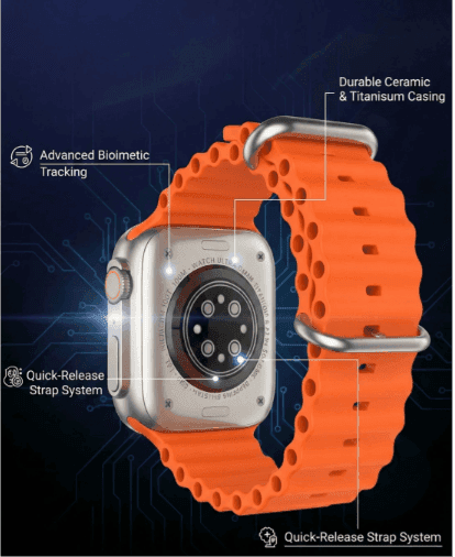 T800 Ultra Smartwatch with Orange Silicone Strap (Bluetooth Calling & Fitness Tracker) view 4