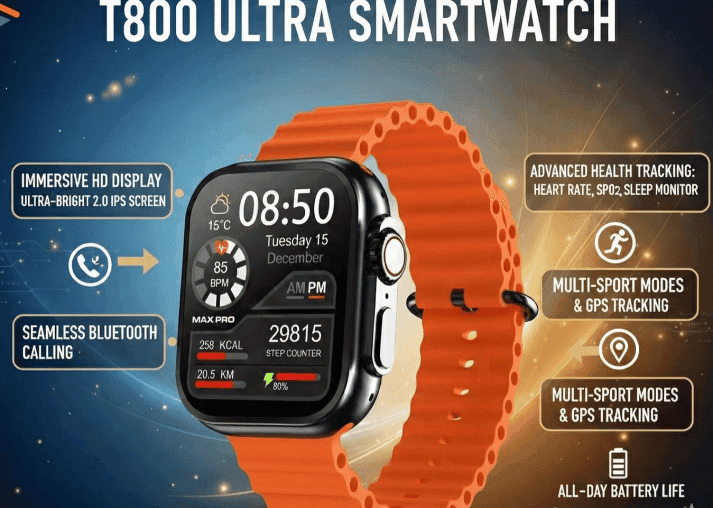 T800 Ultra Smartwatch with Orange Silicone Strap (Bluetooth Calling & Fitness Tracker) view 5
