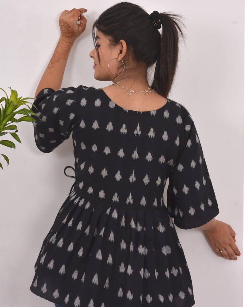 Julie Handwoven Wardrobe Essentials Women cotton Ikkat Peplum Top view 4