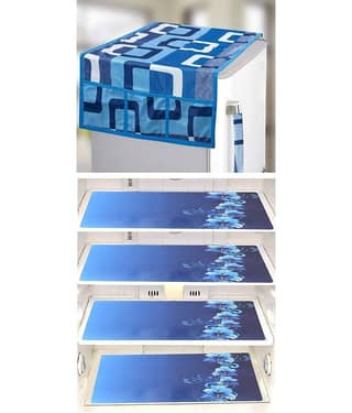 Crosmo Polyester Floral Printed Fridge Mat & Cover ( 64 18 ) Pack of 5 - Blue